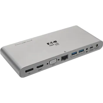Záložní zdroj USB-C dokovací stanice, trojitý displej - 4K HDMI/DisplayPort, VGA, USB 3.2 Gen 1, USB-A/USB-C hub, GbE, 100W PD nabíjení, mezinárodní napájecí kabely