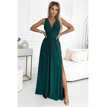 Dámské šaty 490-3 SUSAN Długa brokatowa suknia z dekoltem i przeszyciami w pasie - ZIELEŃ BUTELKOWA M