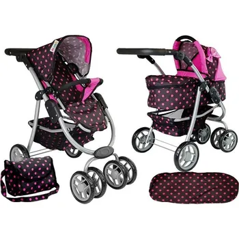 Kočárek pro panenku KOČÁREK PRO PANENKY HLUBOKÝ SPORTOVNÍ 2V1 SKLÁDACÍ KORBIČKA S TAŠKOU RŮŽOVÝ