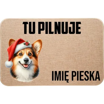 Rohožka VÁNOČNÍ LNOVÁ VSTUPNÍ ROHOŽKA TADY HLÍDÁ + JMÉNO (Corgi)