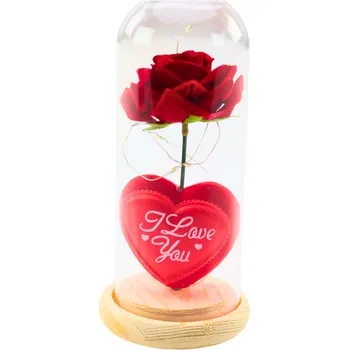 Věčná Růže v Kopuli s LED Osvětlením Červená se Srdíčkem 18,5x8cm