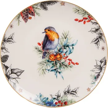 Talíř Clayre & Eef Porcelánový dezertní talíř s vánočním motivem ptáčka - Ø 21*2 cm
