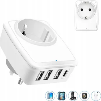 Elektrická zásuvka Rozbočka Síťový 3 USB + Typ C Vypínač Bílý Rozbočovač