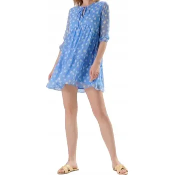 Dámské šaty MODRÉ ŠATY S KVĚTINOVÝM VZOREM, TEXTURA, 3/4 RUKÁV, KULATÝ VÝSTŘIH, MINI L