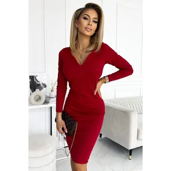 Dámské oblečení 403-2 ANGELA Klasyczna sukienka z dekoltem i długim rękawkiem - BORDOWA XL