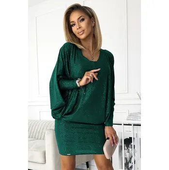 Dámská móda 402-2 Sukienka nietoperz z dekoltem - zieleń butelkowa z brokatem 2XL/3XL