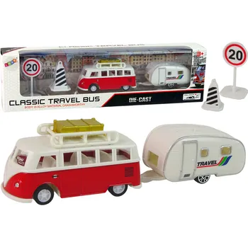 autíčko Sada vozidel Červený Bus s Kempingovým přívěsem