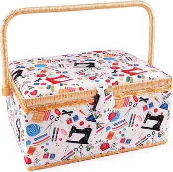 Organizér galanterie Kazeta / košík na šití čalouněný, krejčovský motiv - 1 červená