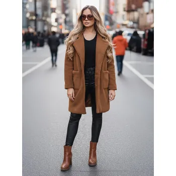 Dámský kabát Hnědý dámský oversize teddy kabát NY0752z Velikost: S