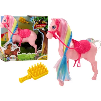 Figurka Figurka Kůň S Barevnou Hřívou Růžové Sedlo Kartáč Farma Růžový