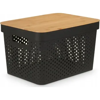 Dóza na potraviny ČERNÁ PLASTOVÁ NÁDOBA S BAMBUSOVÝM VÍKEM 36 X 26 X 22 CM NA POTRAVINY