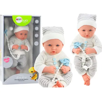 Panenka Panenka Miminko v bílo-šedém oblečení s proužky, čepička, dudlík, deka