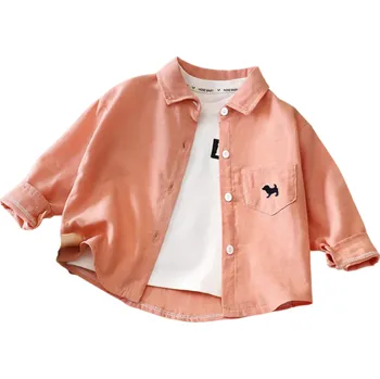 Dívčí košile Dětská bavlněná košile s dlouhým rukávem a límečkem Kapsa s výšivkou pejska Unisex košile pro dívky i chlapce Volný střih růžová 2