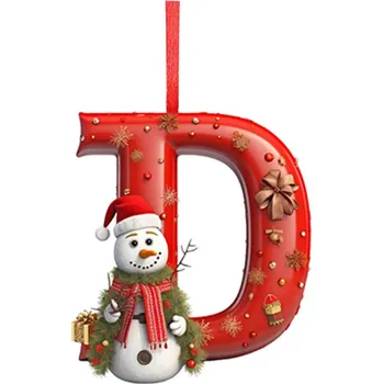 Vánoční dekorace 2D vánoční ozdoba na stromeček 8 x 7 cm Akrylové písmeno D s motivem sněhuláka Závěsná dekorace s červenou stužkou pro sváteční výzdobu