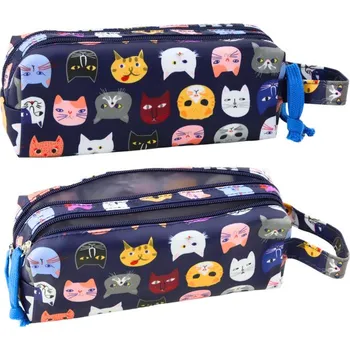 Penál Školní penál Barevné Kočky Dvě Kapsy Granátový 22cm