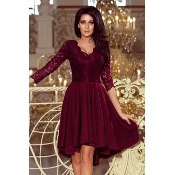 Dámské šaty 210-13 NICOLLE - sukienka z dłuższym tyłem z koronkowym dekoltem - ŚLIWKOWA S