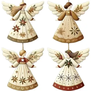 Vánoce 4 ks Dřevěná vánoční ozdoba ve tvaru anděla 8 cm Přírodní 2D závěsná dekorace na stromek Ručně vyřezávané dřevěné andílky
