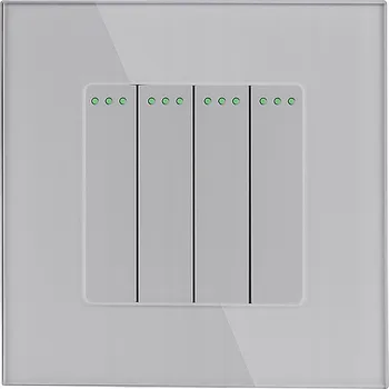 vypínač ČTYŘNÁSOBNÝ MECHANICKÝ VYPÍNAČ SVĚTLA 4G1W SE SKLENĚNÝM RÁMEČEK F60, STŘÍBRNĚ ŠEDÝ