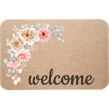 Vstupní rohožka ze lnu s ozdobným květinovým potiskem Welcome Vítejte