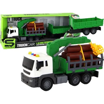 autíčko Nákladní auto s jeřábem, přívěsem, frikční pohon, zvuky, zelené, dřevo 1:16