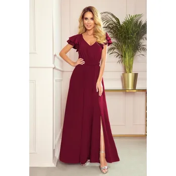 Dámské šaty 310-5 LIDIA długa sukienka z dekoltem i falbankami - BORDOWA XXL