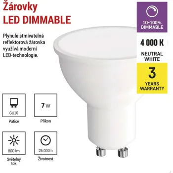 Žárovka Stmívatelná LED žárovka EMOS DIM 7W (60W) patice GU10 neutrální bílá, otočným stmívačem 10-100% ZQ8E44D ZQ8E44D