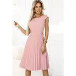 311-19 LILA Klasické plisované šaty s krátkým rukávem a páskem pudrová ružová M