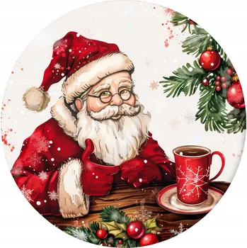 Talíř Prostírání pod talíř 30 cm Vánoční Santa Claus s šálkem čaje