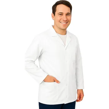 Zdravotnický oděv Pánská lékařská bunda s límečkem a dlouhým rukávem v bílé barvě. (60)