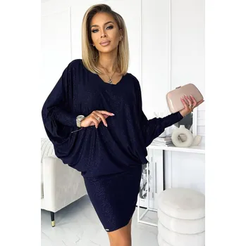 Dámská móda 402-1 Sukienka nietoperz z dekoltem - granatowa z brokatem 2XL/3XL