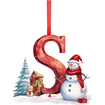 Vánoční dekorace Akrylová vánoční ozdoba 8 x 7 cm Písmeno S s motivem sněhuláka Červená 2D dekorace na stromeček se stužkou Lesklý povrch