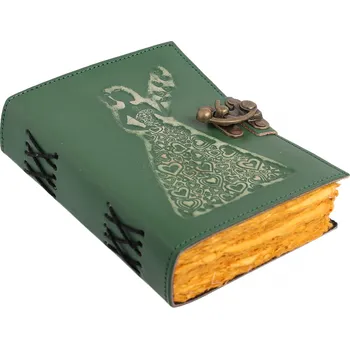 Leather Journals Kožený deník Srdcová víla, zelený, s přezkou, vintage papír, 17,5x13 cm