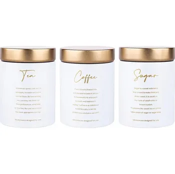 Dóza na potraviny Dózy, nádoby na kávu, čaj a cukr se zlatými víčky, bílé, 3 ks