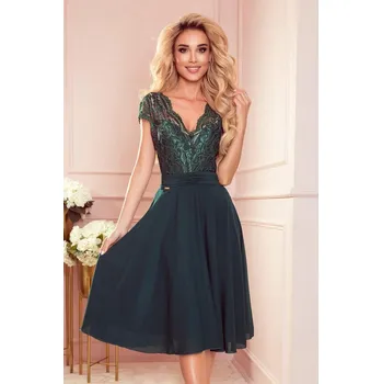 Dámské šaty 381-2 LINDA - szyfonowa sukienka z koronkowym dekoltem - ZIELEŃ BUTELKOWA S