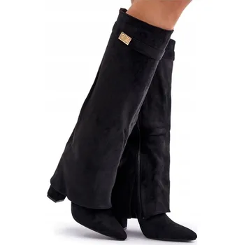 Dámské kozačky KOZAČKY Z EKO SEMIŠE NA SLOUPOVÉM PODPATKU ŠPIČATÁ ŠPIČKA OHRNUTÝ SVRŠEK ČERNÉ 39