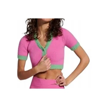 Dámský svetr RŮŽOVÝ SVETR KARDIGAN S KRÁTKÝM RUKÁVEM PLYŠOVÝ NA KNOFLÍKY ROZEPÍNACÍ XS