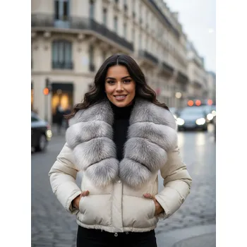 Dámská prošívaná bílá péřová bunda s pravou kožešinou, VELIKOST S
