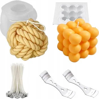 Svíčka 2x FORMA / FORMIČKA NA SVÍČKY, MÝDLA, PRYSKYŘICI SILIKONOVÁ KOSTKA 3D + KNOTY