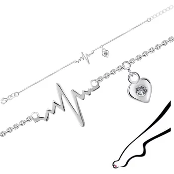 Náramek Stříbrný náramek 925 na kotník - tlukot srdce, srdce s čirými zirkony