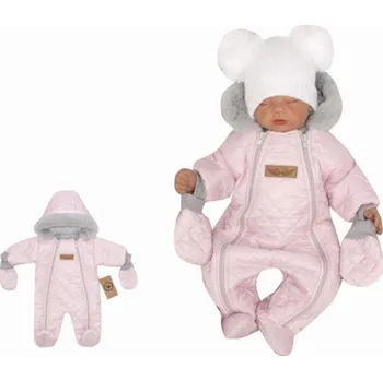 Kojenecká kombinéza Z&Z Zimní prošívaná kombinéza s kožešinou a kapucí + rukavičky - sv.růžová, vel. 68 - 62 (2-3m)
