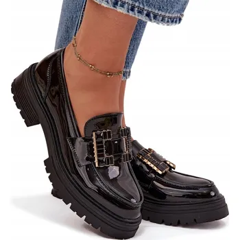 Dámské mokasíny Dámské lakované mokasíny z eko kůže s ozdobným prvkem, černé, velikost 38