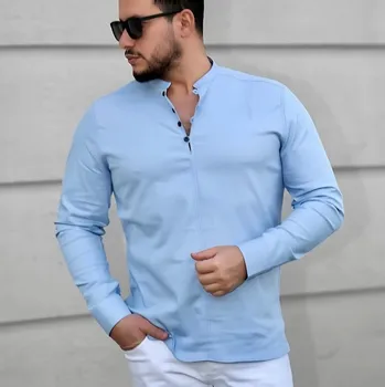 Pánská košile PÁNSKÁ VÁNOČNÍ KOŠILE SVĚTLE MODRÁ SE STOJÁČKEM DLOUHÝ RUKÁV VELIKOST XXL