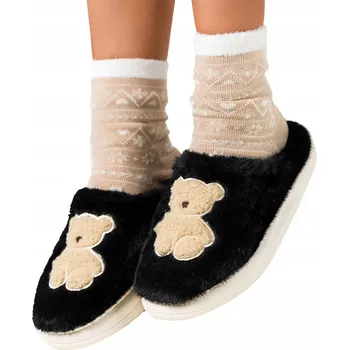 Dámské pantofle PANTOFLE Domácí obuv KOŽEŠINOVÁ černá S MEDVÍDKEM Nazouvací Sandále vel. 36/37