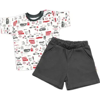 Kojenecký body Tričko, krátký rukáv + kraťásky, 2D, Baby Nellys, Auta, bavlna, smetana/šedá - 92 (18-24m)