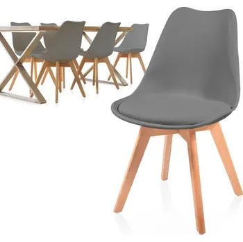 Nábytek 6x šedá jídelní židle plast / dřevo ve skandinávském vzhledu, čalouněný sedák