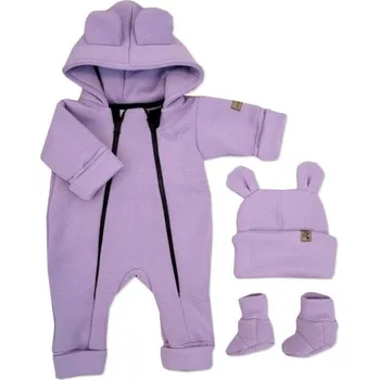 Dětský overall Oteplený dětský overal bez šlapek s kapucí, čepička + botičky, 3D, Kazum, lila - 86 (12-18m)