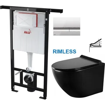 WC sada ALCA Předstěnový instalační systém s chromovým tlačítkem M1721 + WC MEXEN LENA ČERNÁ Rimless + SEDÁTKO AM102/1120 M1721 ME01
