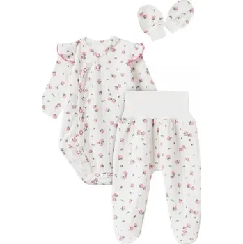 Kojenecký body MBaby | Bavlněná 3D sada, zavinovací body, polodupačky + rukavičky, Amélie, bílá/růžová - 62 (2-3m)