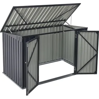 Zahradní úložný box Velká kovová venkovní skříň na 3 popelnice / kola / sekačku, antracit, 200x105x128 cm
