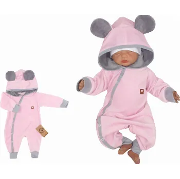 Kojenecká kombinéza Z&Z Velurový kojenecký overálek s kapucí a oušky - růžovo,šedý - 74 (6-9m)